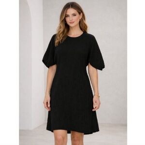 NWT COS Womens Pleated Textured Short Sleeve Mini Dress Stretch Black Shift XS